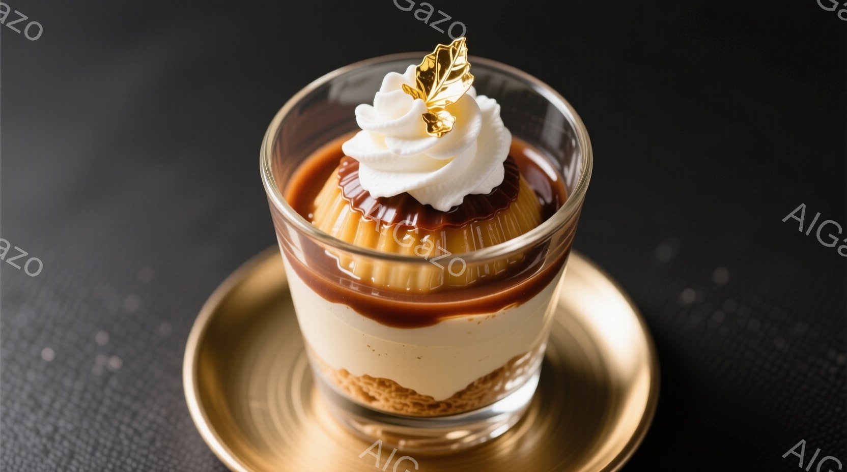 ガラスの器に盛り付けられたデザートが印象的な写真です。キャラメルソースとクリームが層になっており、最上部にはホイップクリームと金色の葉っぱの飾りがあります。背景は暗く、デザートが引き立つようにデザインされています。
