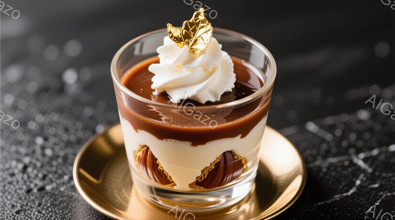 チョコレートソースとカスタードクリーム、そしてビスケットが層になったデザートが、透明なグラスの中で美しく輝いている。グラスは金色のプレートの上に置かれ、背景は暗い大理石調で、デザートが際立っている。全体的に上品で洗練された雰囲気であり、高級感のあるスイーツとして表現されている。