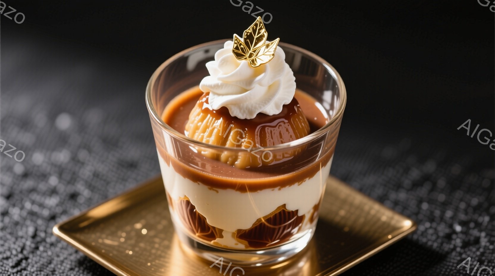 ガラスの器に盛られたカラメルプリンが、黄金色のスクエアプレートに乗せられています。プリンの上には、ふんわりとしたホイップクリームと、金色の葉っぱの飾りがあしらわれており、上品な印象を与えます。背景は暗く、プリンの茶色とクリームの白が際立ち、食欲をそそる雰囲気を醸し出しています。