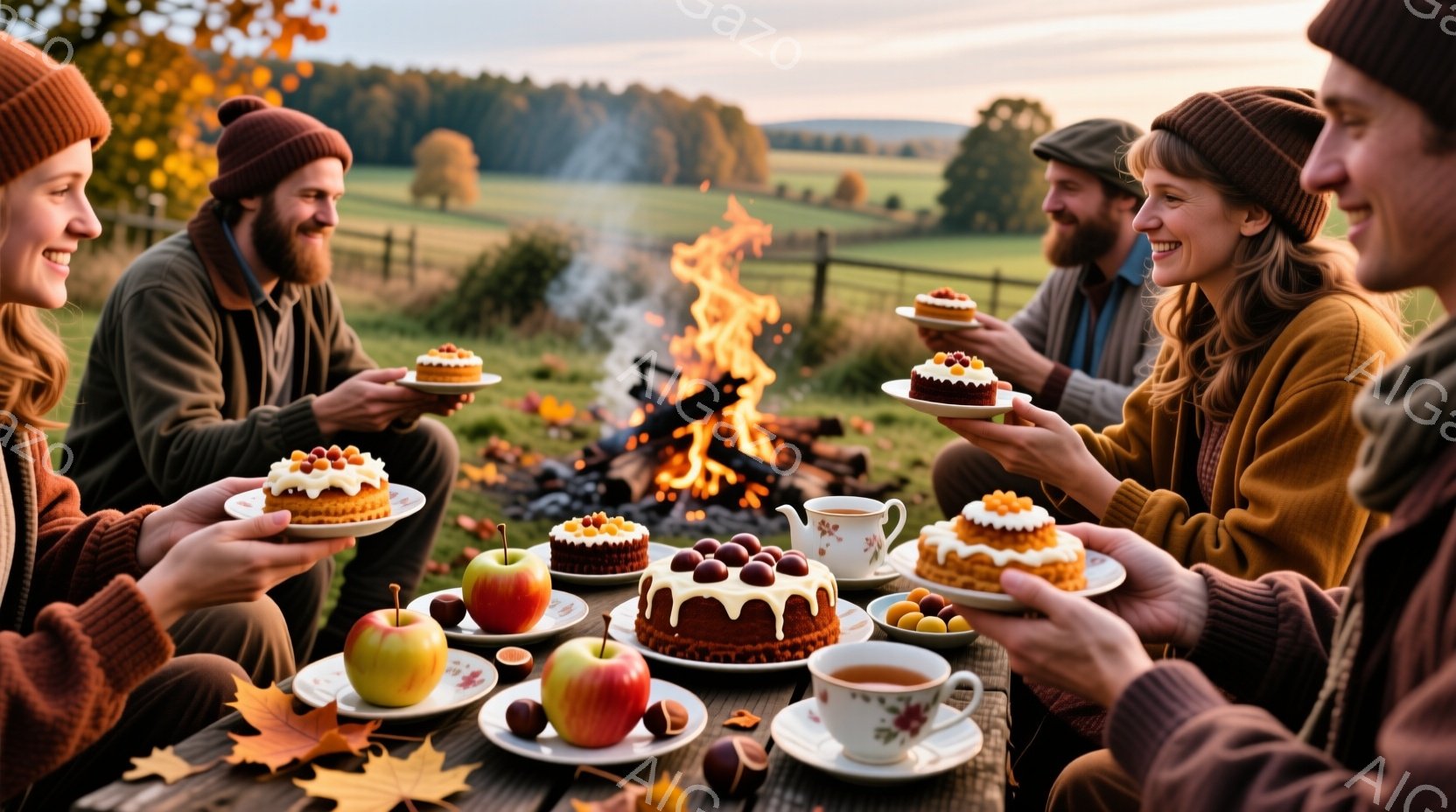 暖炉のそばでケーキを手にしている四人の人々が写っています。皆、ニット帽やセーターを着ており、カジュアルで温かい服装です。背景には緑豊かな風景が広がり、秋の穏やかな夕焼けが照らしています。