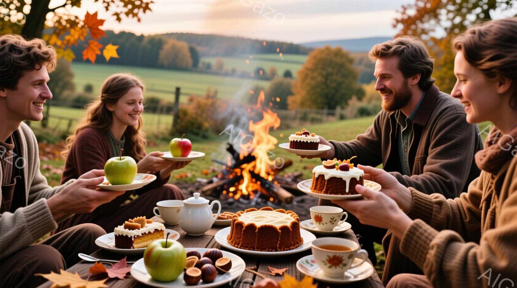 暖炉の前で、若い男女がそれぞれリンゴとケーキを手に微笑んでいます。彼らはカジュアルなセーターを着ており、女性は三つ編みの髪型で、男性は短髪です。背景には緑の丘陵地帯と秋らしい空が広がり、全体的に温かく、穏やかな雰囲気が漂っています。