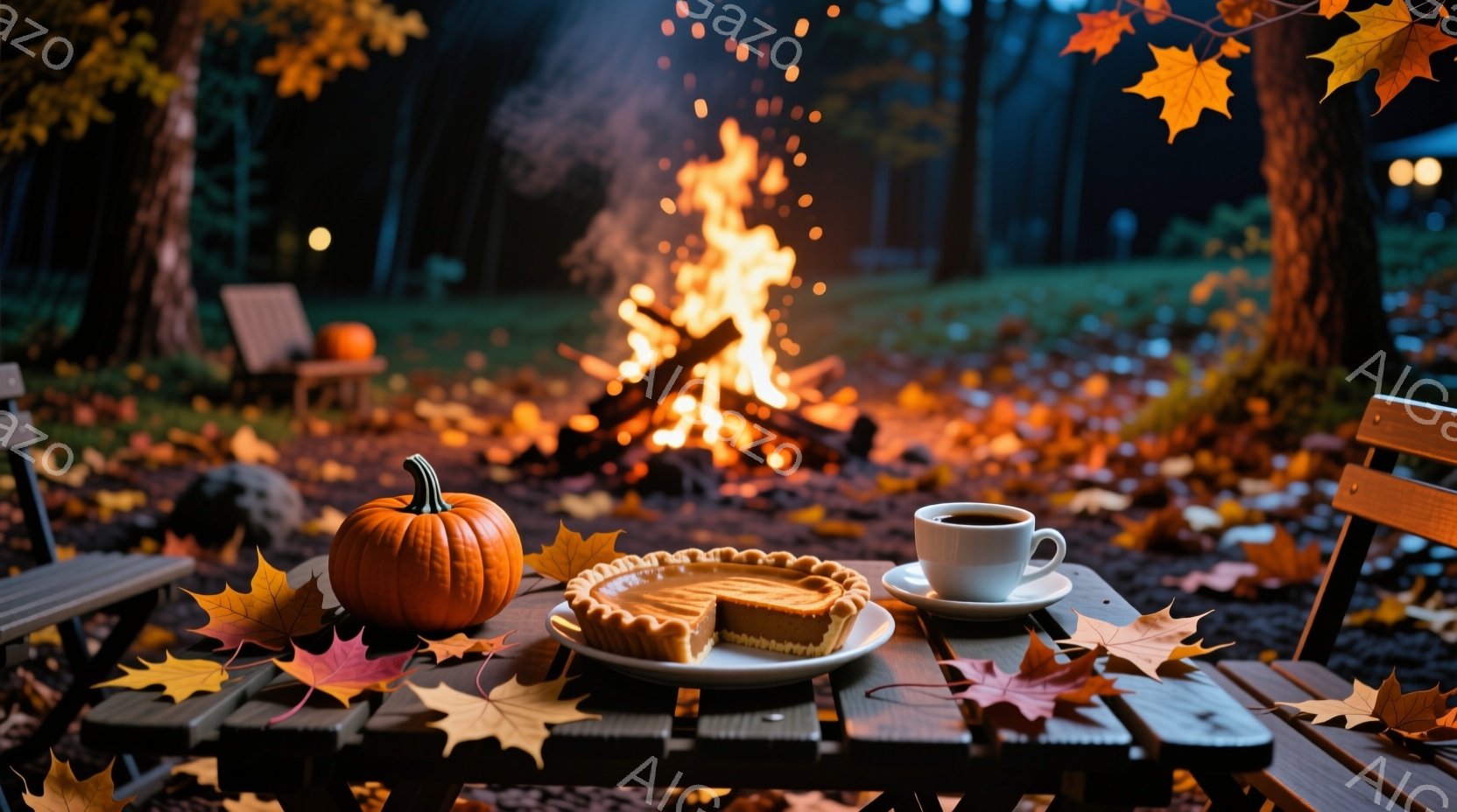 秋の夜を思わせる光景で、木製のピクニックテーブルの上に、ハロウィンの象徴であるカボチャと、焼き立てのアップルパイ、そして温かいコーヒーが置かれている。背景には、燃え盛る暖炉と、落ち葉が舞う森林が広がり、秋の暖かく穏やかな雰囲気が漂っている。暖炉の光がテーブル上の食べ物を照らし、季節の移り変わりを感じさせる、心地よい情景である。