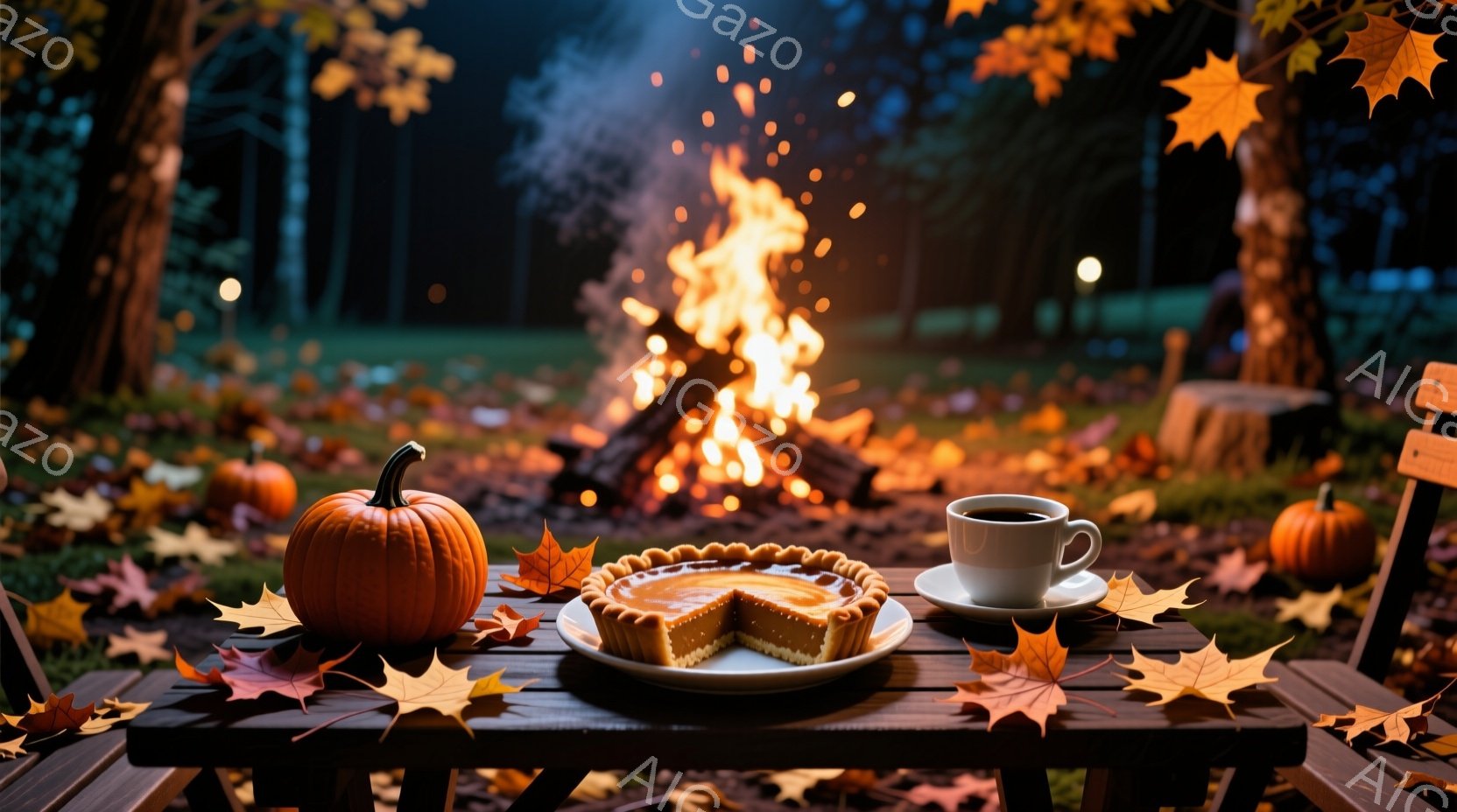 木のピクニックテーブルの上には、カボチャ、切り分けられたパイ、そして湯気の立つコーヒーカップが置かれています。背景には暖炉の燃え盛る炎と、落ち葉で覆われた自然が広がり、秋の暖かく落ち着いた雰囲気を醸し出しています。全体的に、心地よい暖炉の光と鮮やかな紅葉が、秋のひとときを象徴するような穏やかな情景を作り出しています。