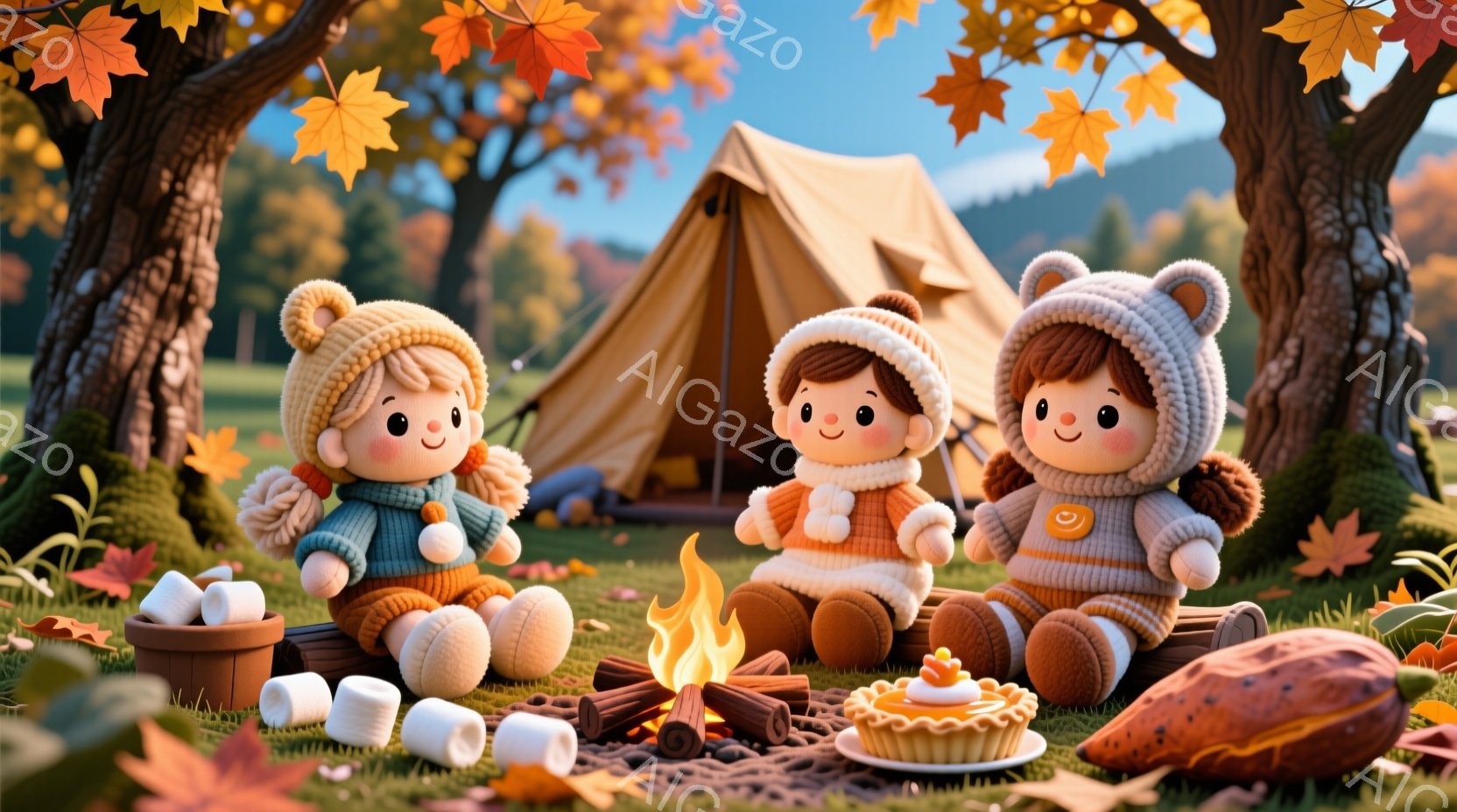 暖炉の周りに座っている３人の可愛らしい女の子たちが描かれています。彼女たちはそれぞれクマの帽子をかぶり、セーターとスカートを身につけ、幸せそうな表情をしています。背景には、紅葉した木々とテントがあり、秋の温かいキャンプの雰囲気が漂っています。