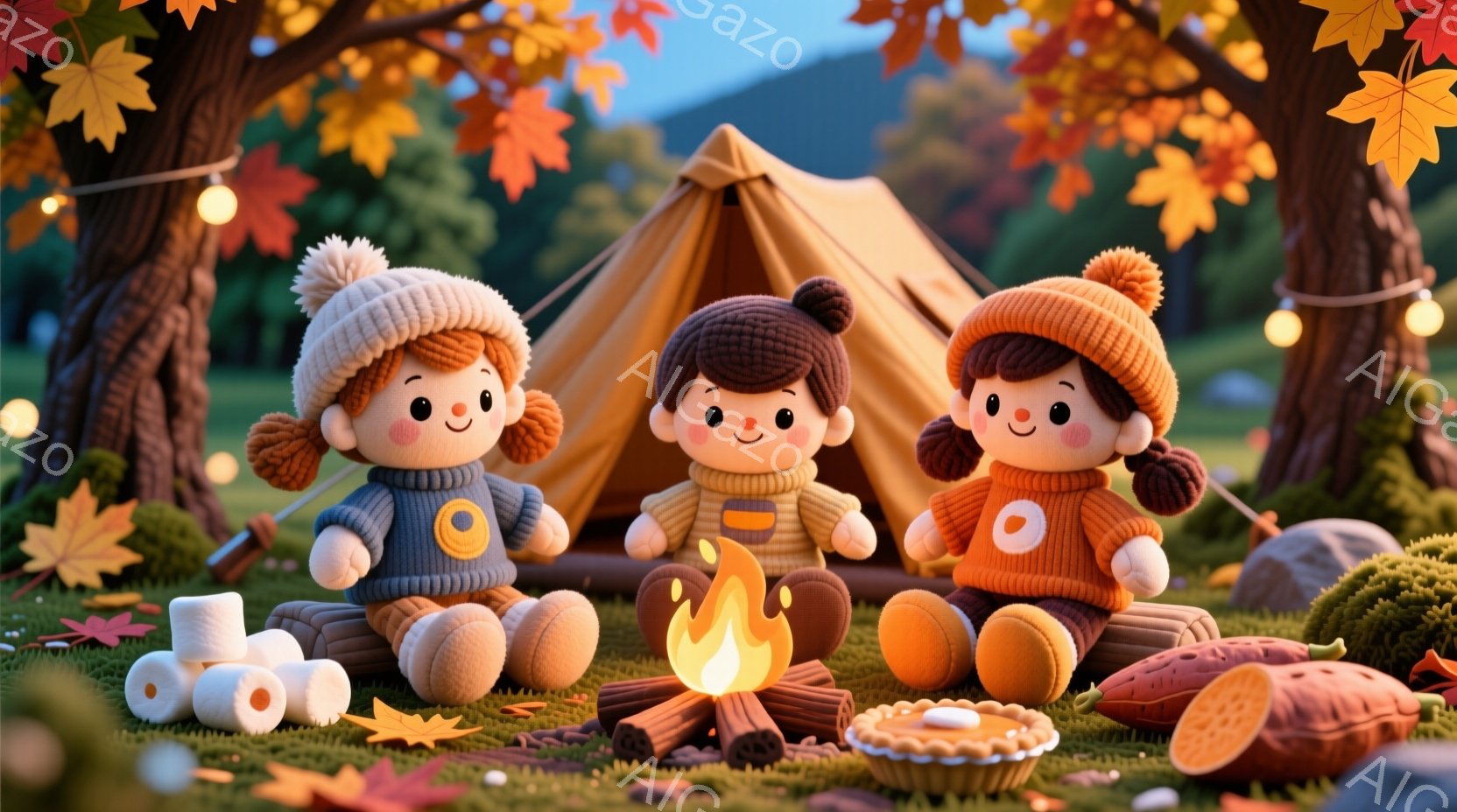 可愛らしい人形のような女の子たちが、暖炉の周りに座ってマシュマロを焼いている様子が描かれています。彼女たちはそれぞれ異なる色のニット帽とセーターを着ており、赤い頬と笑顔が特徴的です。背景にはテントや落ち葉、そして暖炉の炎が灯る自然豊かな風景が広がっており、温かく穏やかな秋の雰囲気が漂っています。