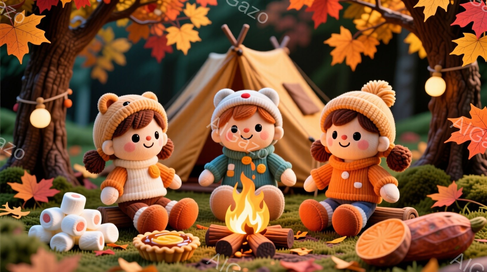 暖炉を囲んで座る３人の可愛らしい女の子たちが描かれています。女の子たちはオレンジ色のニット帽を被り、ベージュ色のセーターとオレンジ色のズボンを身に着けています。背景には、紅葉した木々と、暖かな光を放つテントがあり、秋の穏やかなキャンプの雰囲気が漂っています。