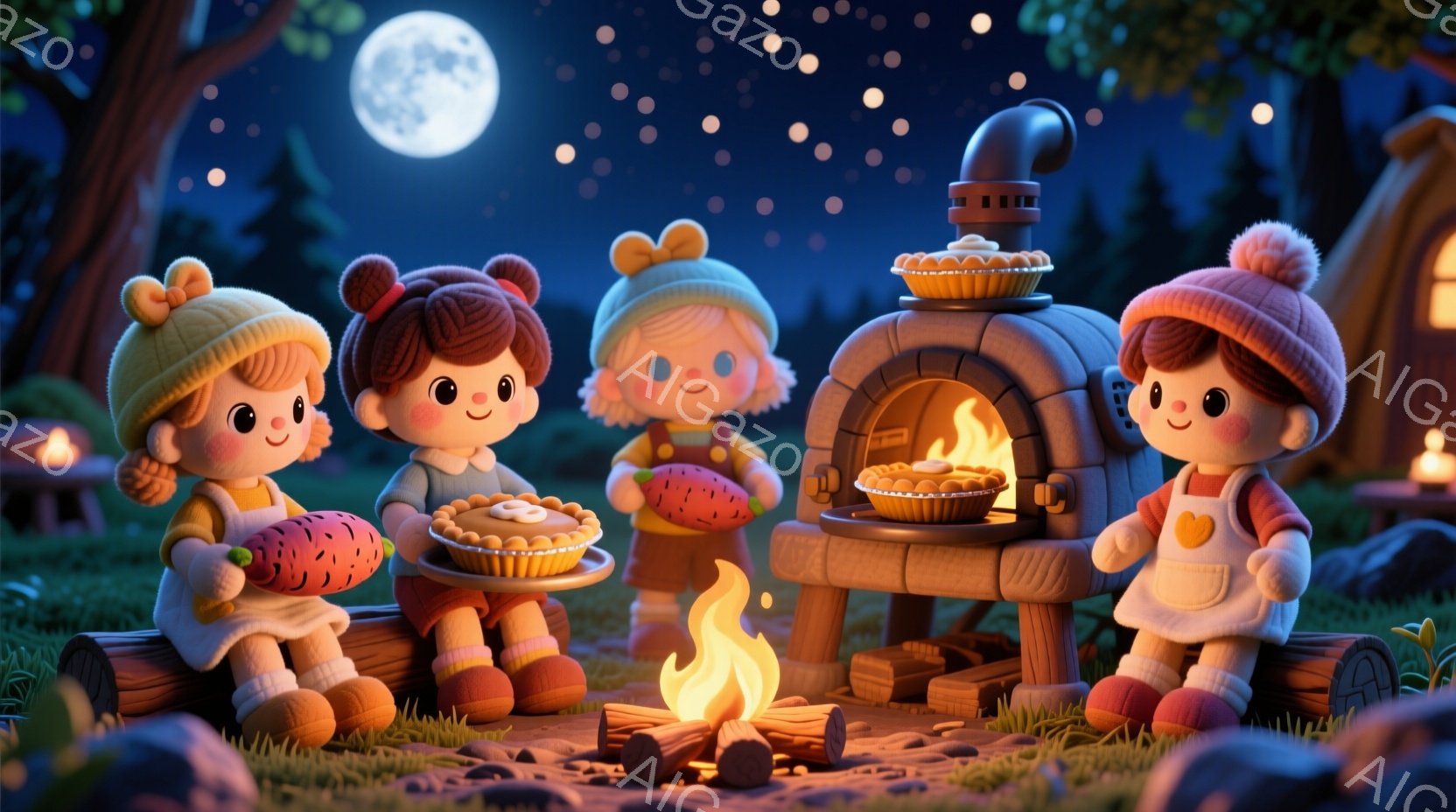 かわいい女の子たちが、暖炉の前でパイを焼いている様子が描かれています。彼女たちは皆、赤い帽子と白いエプロンを着ており、頬を赤らめた笑顔を見せています。背景には、小規模な建物と緑の草地、そして満月と星空が広がり、温かく幻想的な雰囲気を醸し出しています。