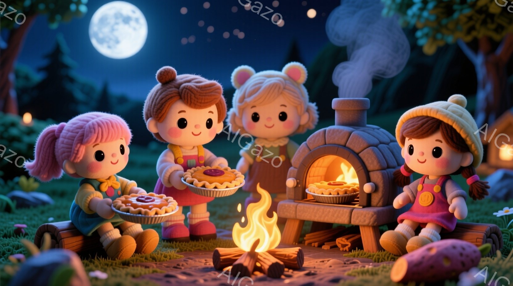 四人の可愛らしい女の子が、暖炉の前でパイを囲んでいます。それぞれ異なる色の髪型と服を着ており、笑顔でパイを見つめています。背景には緑の草地、小さな家、そして満月が輝き、温かく幻想的な雰囲気を醸し出しています。