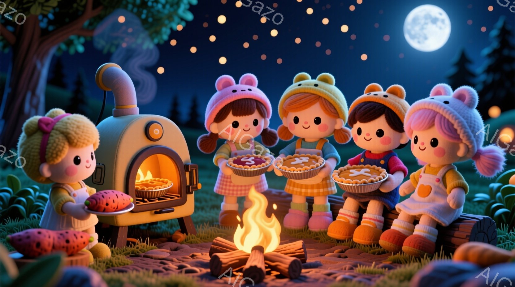 夜の森の中で、可愛らしい女の子たちがキャンプを楽しんでいます。女の子たちはそれぞれピンクや茶色などのカラフルな帽子を被り、温かいセーターを着ています。彼女たちは焼き立てのパイやパンを手に持ち、暖炉の火を見つめ、幸せそうな笑顔を浮かべています。