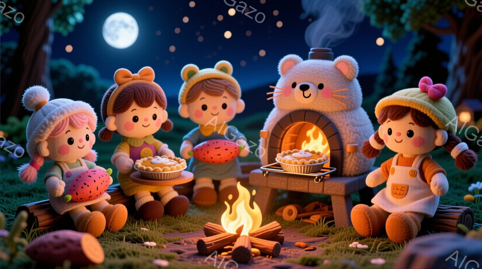暖炉の前で、可愛らしい女の子たちが焼き芋を楽しんでいます。それぞれオレンジやピンクの帽子をかぶり、笑顔で焼き芋を抱えています。背景にはレンガ造りのオーブンと煙突、そして緑の草地が広がり、月明かりの下で温かい雰囲気が漂っています。