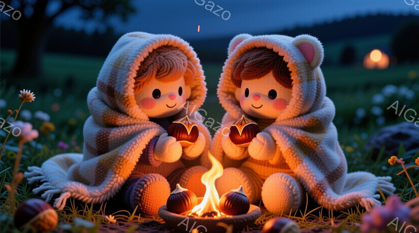 ふわふわのクリーム色のフード付きマントを羽織った、丸みを帯びた二人の子供が、暖炉の火を囲んで座っています。彼らは温かいオレンジ色の光を放つ、小さく彫刻されたカボチャを両手に持っており、幸せそうな表情をしています。背景には、草地、花、そして遠くに見えるぼんやりとした光が広がり、穏やかで心地よい雰囲気を作り出しています。