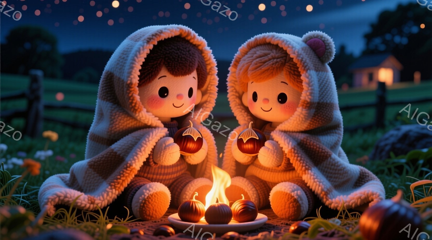 二人の子供が暖炉のそばに寄り添って座っており、それぞれ頭にふわふわのフード付きコートを着ています。彼らは短い茶色の髪をしており、明るく幸せそうな表情をしています。背景には緑の草地、木々、遠くに見える家があり、夜空には星が輝いています。