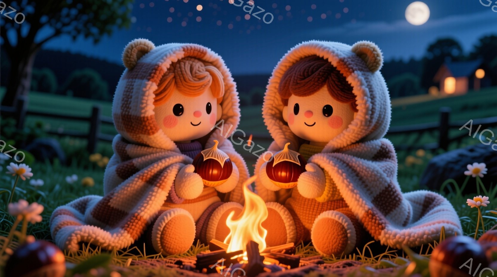 ふわふわのニット帽とマフラーを身につけた、2人の可愛らしい子供たちが、暖炉の火を囲んで座っています。彼らはそれぞれ、中が光る小さなカボチャのランタンを持っており、楽しそうな表情をしています。背景には緑の牧草地、木々、そして遠くに小さな家が見え、夜空には星が輝き、温かく幻想的な雰囲気を醸し出しています。