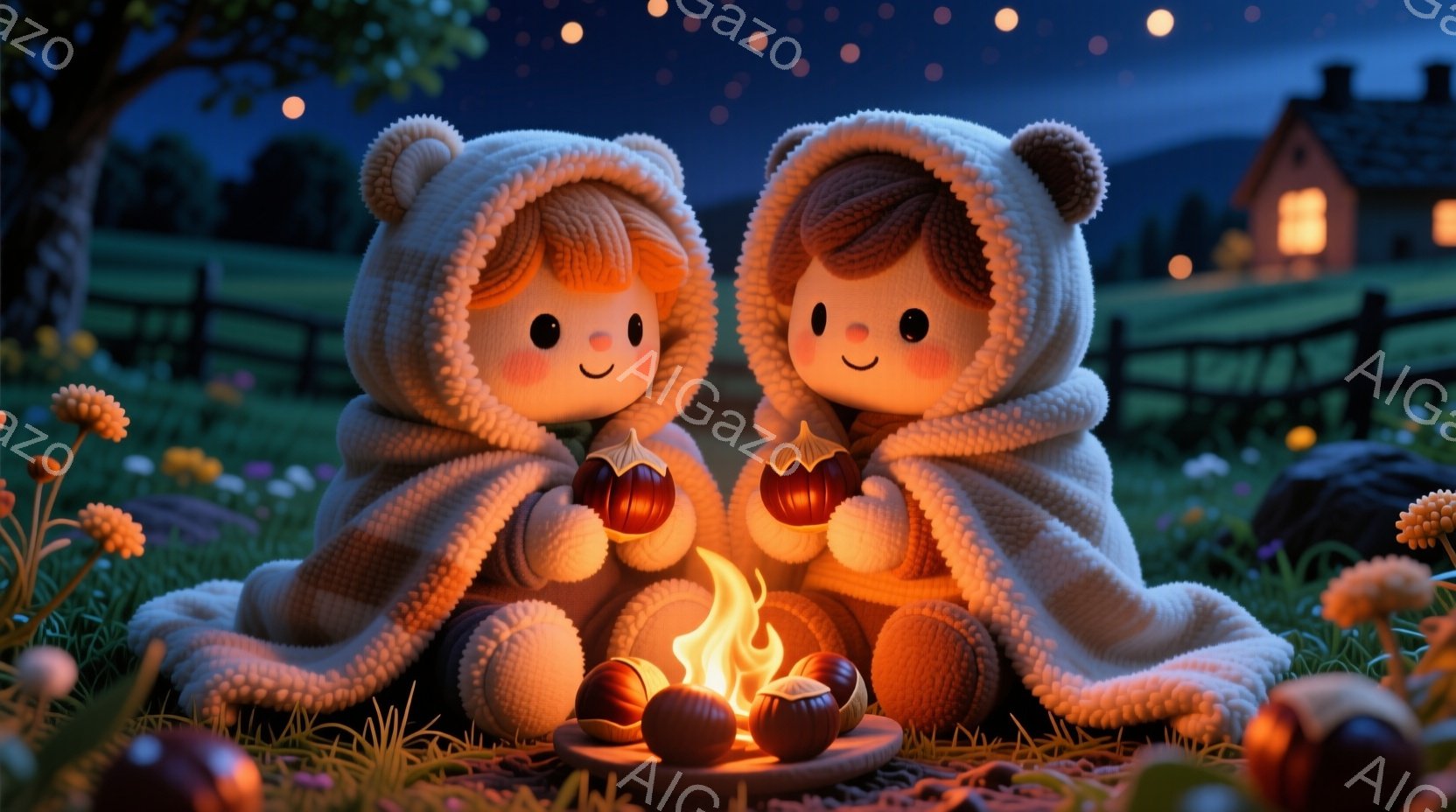 二人の子供がキャンプファイヤーを囲んで座っています。彼らはふわふわのフード付きの白いブランケットに包まれ、明るいオレンジ色の小さなカボチャのランタンを持っています。背景には緑の丘、木々、遠くの暖かい光を放つ家があり、夜空には星が輝いています。