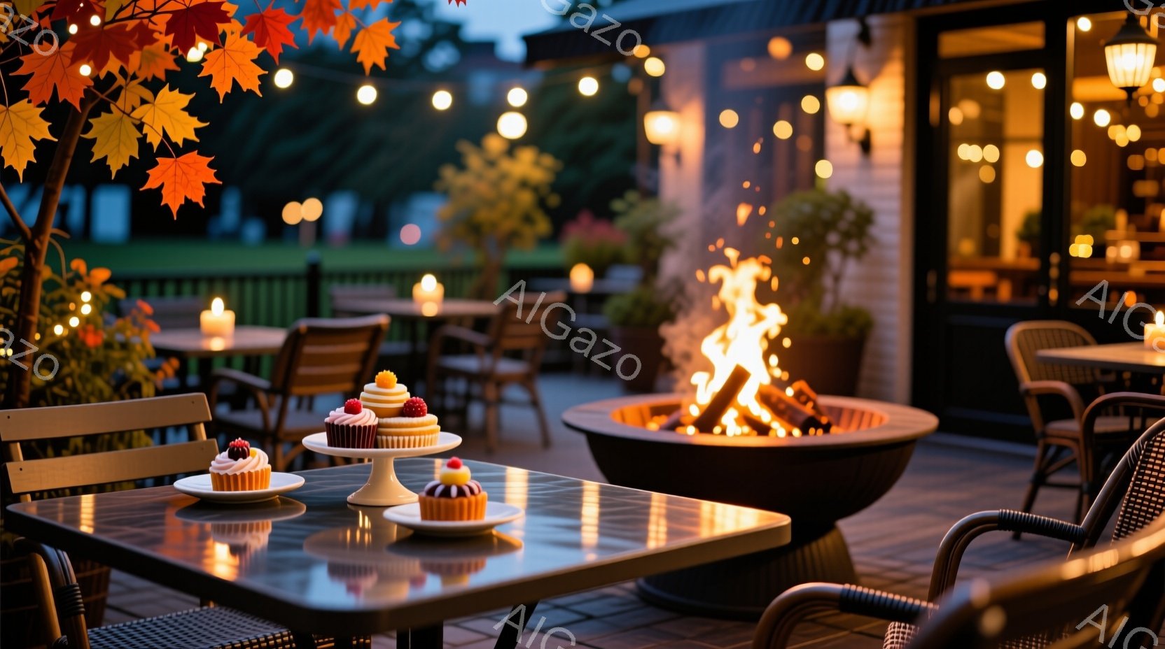 テラス席には、可愛らしいカップケーキが乗ったケーキスタンドが置かれており、暖炉の火が温かい光を放っている。背景には緑豊かな庭と建物が見え、ぼんやりとした照明がロマンチックな雰囲気を醸し出している。全体的に、落ち着いた秋の夜の温かく心地よい空間が表現されている。