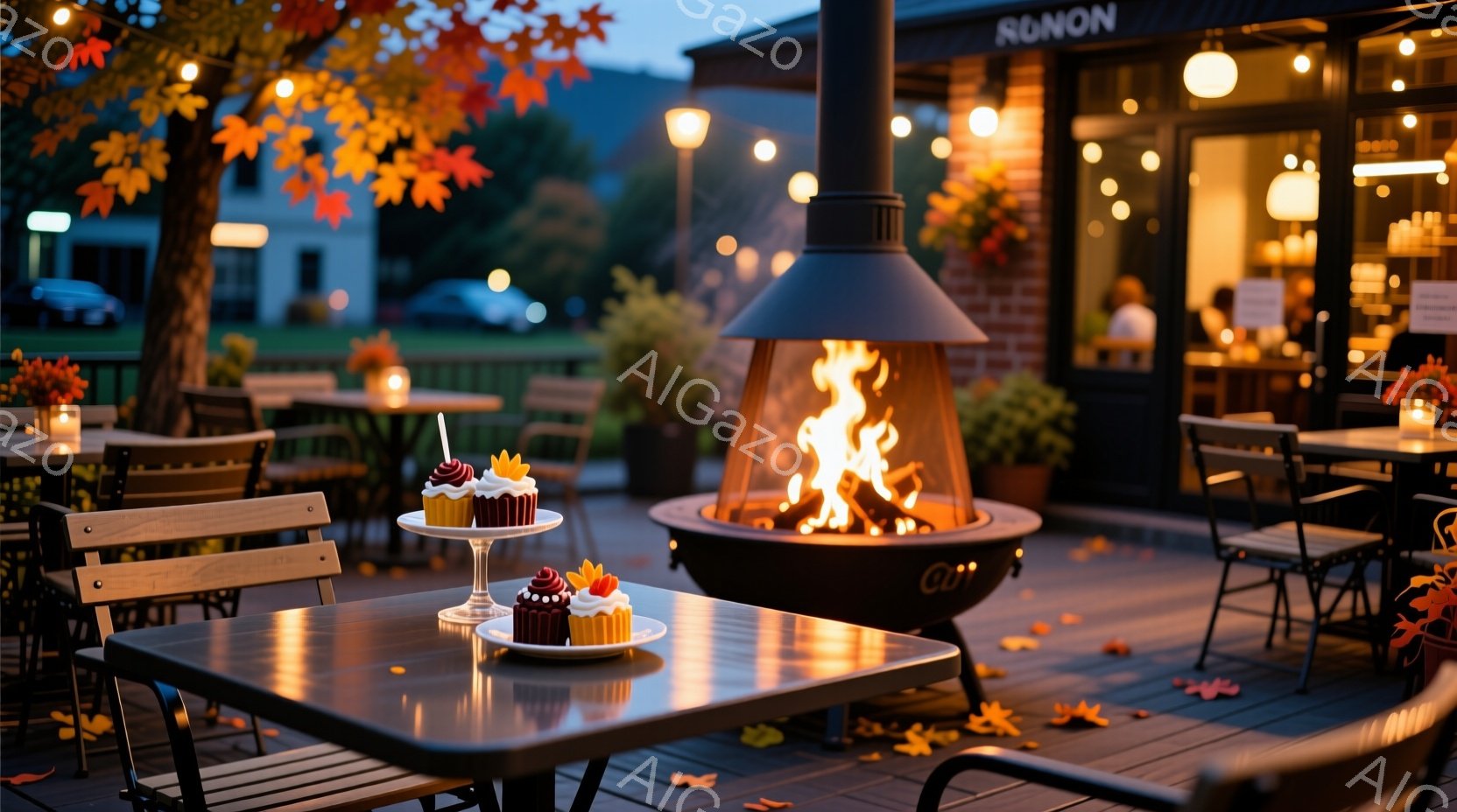 屋外のパティオには、数台のテーブルと椅子が並べられ、各テーブルにはカラフルなカップケーキが盛られたケーキスタンドが置かれています。背景には、暖色の光で照らされた建物があり、木々には秋らしい紅葉が見られます。暖炉からは炎が立ち上り、落ち着いた温かい雰囲気を醸し出しています。