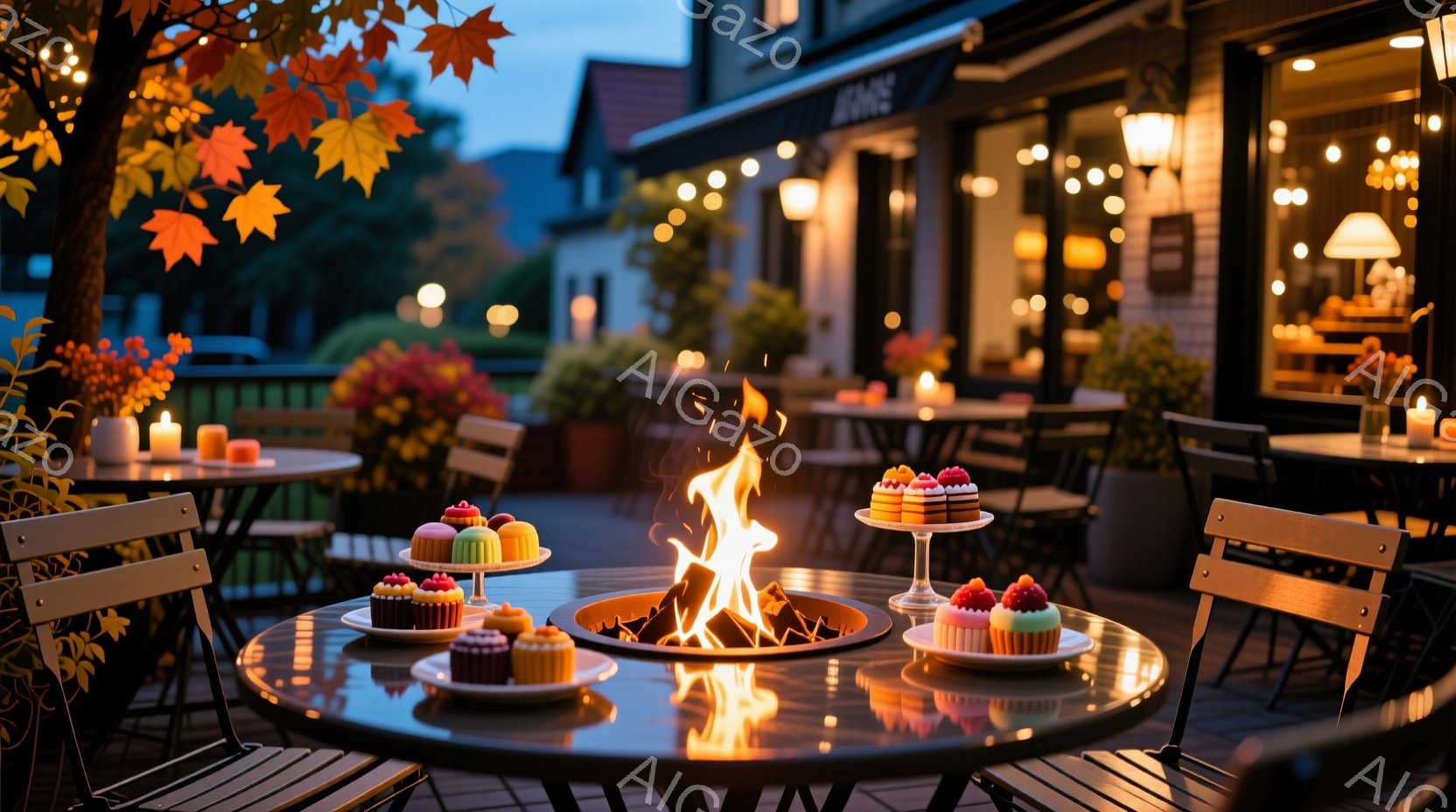 暖炉を囲むようにテーブルが配置された、屋外のカフェまたはレストランの夜の風景です。各テーブルには、ケーキやフルーツを盛り付けた美しいデザートが置かれ、テーブルの上にはキャンドルが灯っています。背景にはレンガ造りの建物が見え、植物や夜空に輝く星が、暖かく穏やかな雰囲気を醸し出しています。