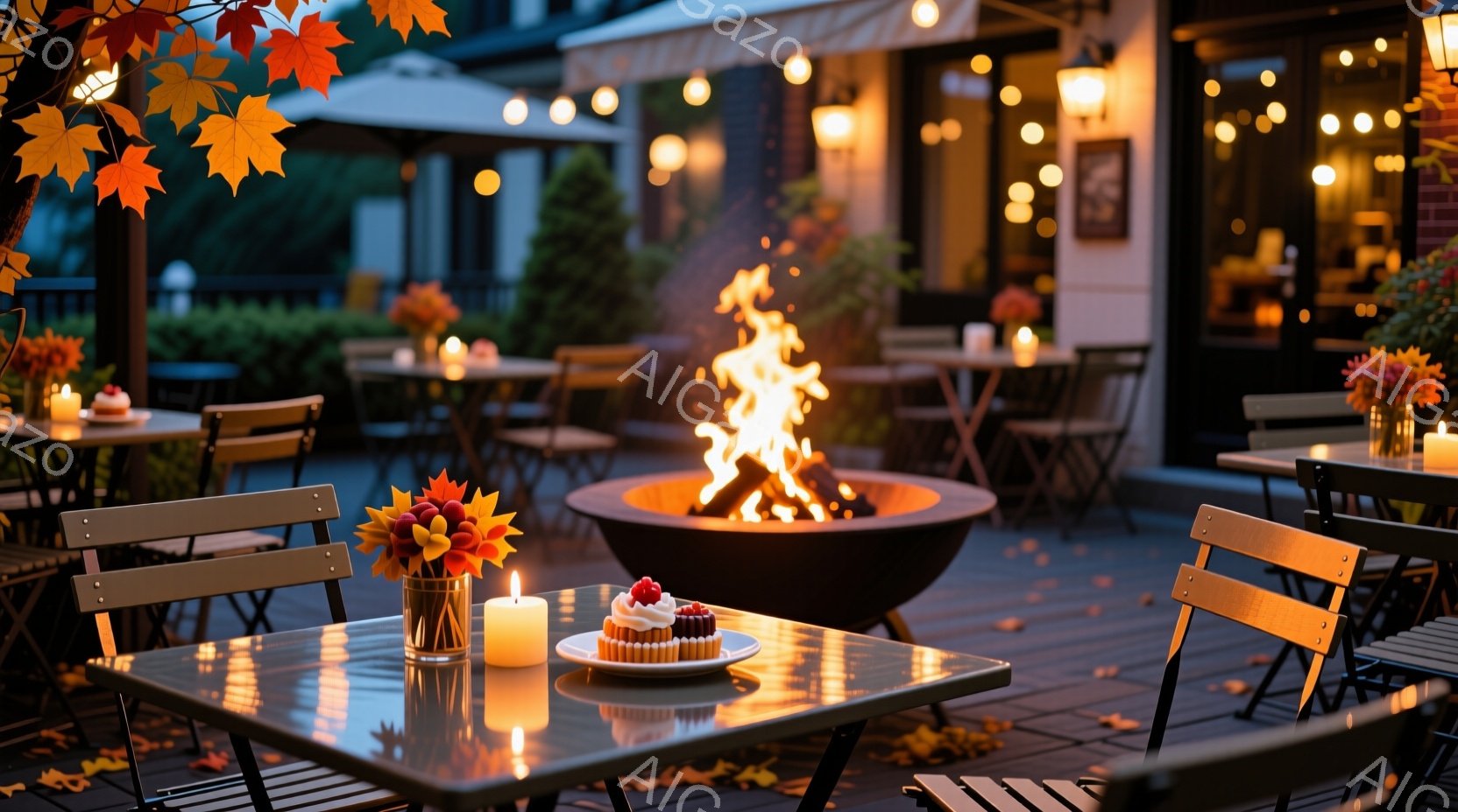秋の夜のテラス席が映し出されている。テーブルにはキャンドルと花が飾られ、小さなケーキが置かれている。背景には暖炉の炎が揺らめき、木々の緑と落ち葉、そして建物が見え、温かく心地よい雰囲気が漂っている。