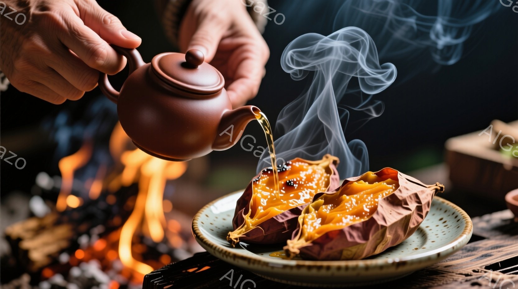 焦げ茶色の土鍋から、焼いたサツマイモに蜜が注がれている様子が写っている。サツマイモは網目状に焼き目がついており、湯気が立ち上っている。背景には燃え盛る炭火が見え、料理の温かさと素朴な雰囲気を強調している。