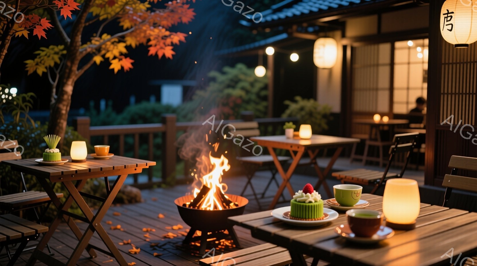 庭のテラスには、火鉢を囲むように木製のテーブルと椅子が配置されています。テーブルの上には、抹茶色の可愛らしいケーキや湯呑みが置かれ、温かい光を放つランタンが雰囲気を盛り上げます。背景には和風の建物が見え、自然豊かな庭園と夜空が、落ち着いた和の空間を作り出しています。