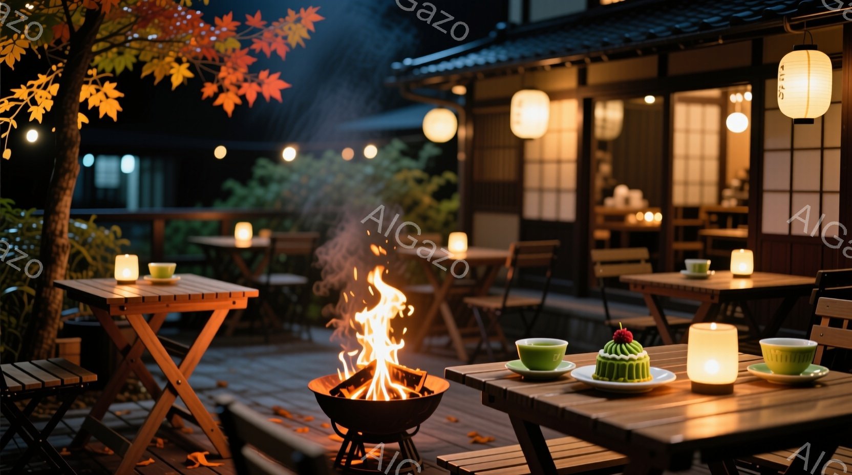庭園のような屋外スペースには、木製のテーブルと椅子が並べられ、テーブルの上には緑色の湯呑みとケーキが置かれています。中央には暖炉があり、炎が燃え盛り、周囲を照らしており、暖かく居心地の良い雰囲気を醸し出しています。背景には伝統的な和風建築が見え、柔らかい光が灯り、秋の夜の静けさと安らぎを感じさせます。