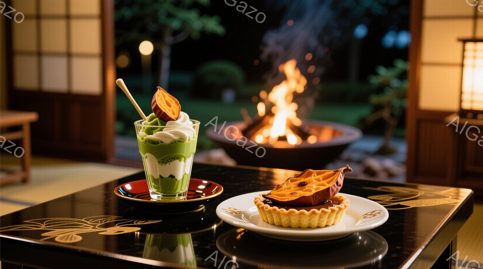 漆黒のテーブルの上には、抹茶色のグラスに入ったデザートと、柿が飾られたタルトが置かれています。背景には暖炉の炎が揺らめき、夜の庭の緑が見え、落ち着いた和の雰囲気が漂います。全体的に、静かで上品なデザートタイムを表現した写真です。