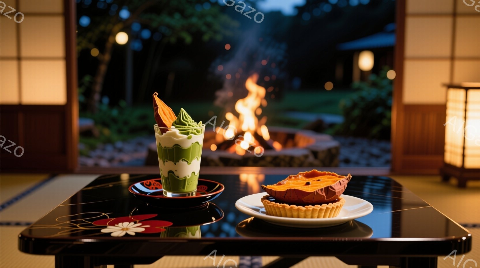 畳の上に置かれた黒い塗り絵のテーブルに、抹茶色のソフトクリームとカボチャのタルトが並べられています。背景には、燃え盛る暖炉と、薄暗い庭が見え、落ち着いた温かい雰囲気が漂っています。ソフトクリームとタルトは、秋の味覚を楽しむための特別な時間を演出しています。
