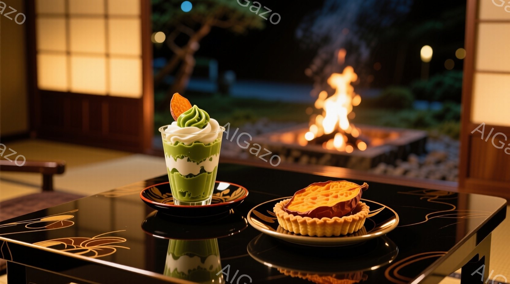 漆塗りの低いテーブルの上には、抹茶色のソフトクリームと、焼き芋をあしらったタルトが並んでいます。背景には、障子戸と、庭の遠くで燃え盛る暖炉が見え、静かで落ち着いた雰囲気を醸し出しています。全体的に、和の趣を感じさせる、優雅な空間が表現されています。