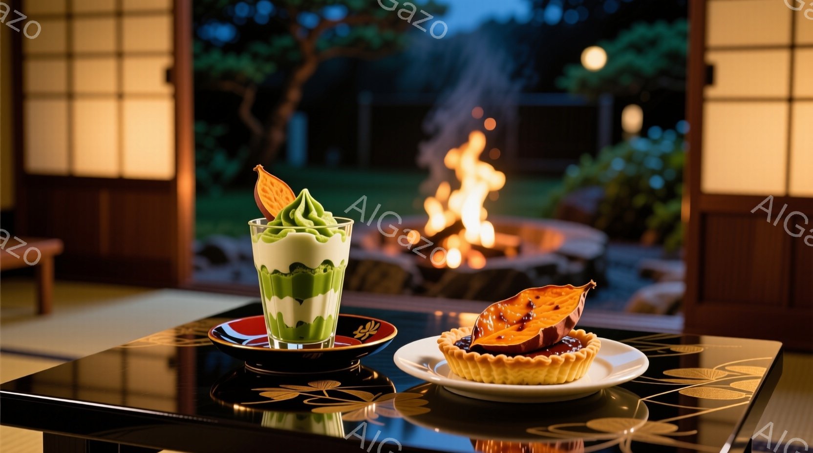 畳の上に黒漆塗りの低いテーブルがあり、その上に抹茶パフェとスイートポテトのタルトが置かれています。背景には、ぼんやりと光る庭と暖炉の火が見え、穏やかで落ち着いた雰囲気を醸し出しています。 暖炉の光と庭の緑が、デザートをより一層引き立てています。