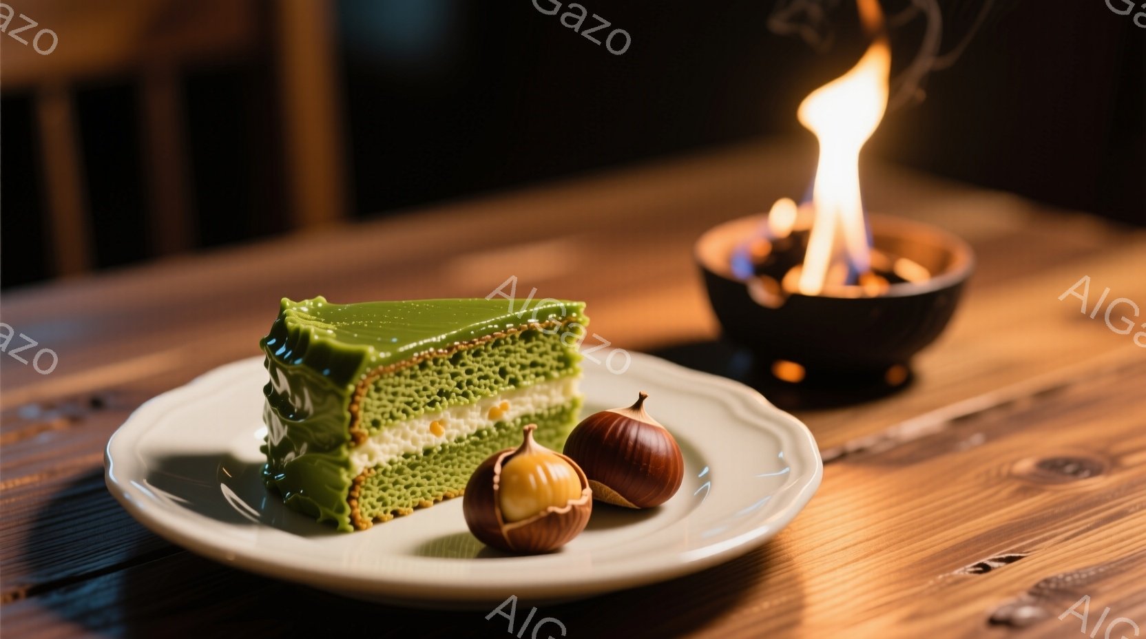 鮮やかな緑色のスライスケーキが、白い皿に2つの栗と共に盛り付けられています。背景には、温かい光を放つ黒い器に入った炎が見え、木製のテーブルが暖かく落ち着いた雰囲気を醸し出しています。ケーキの層状の断面と栗の自然な色合いが、秋の訪れを感じさせる静謐な光景です。