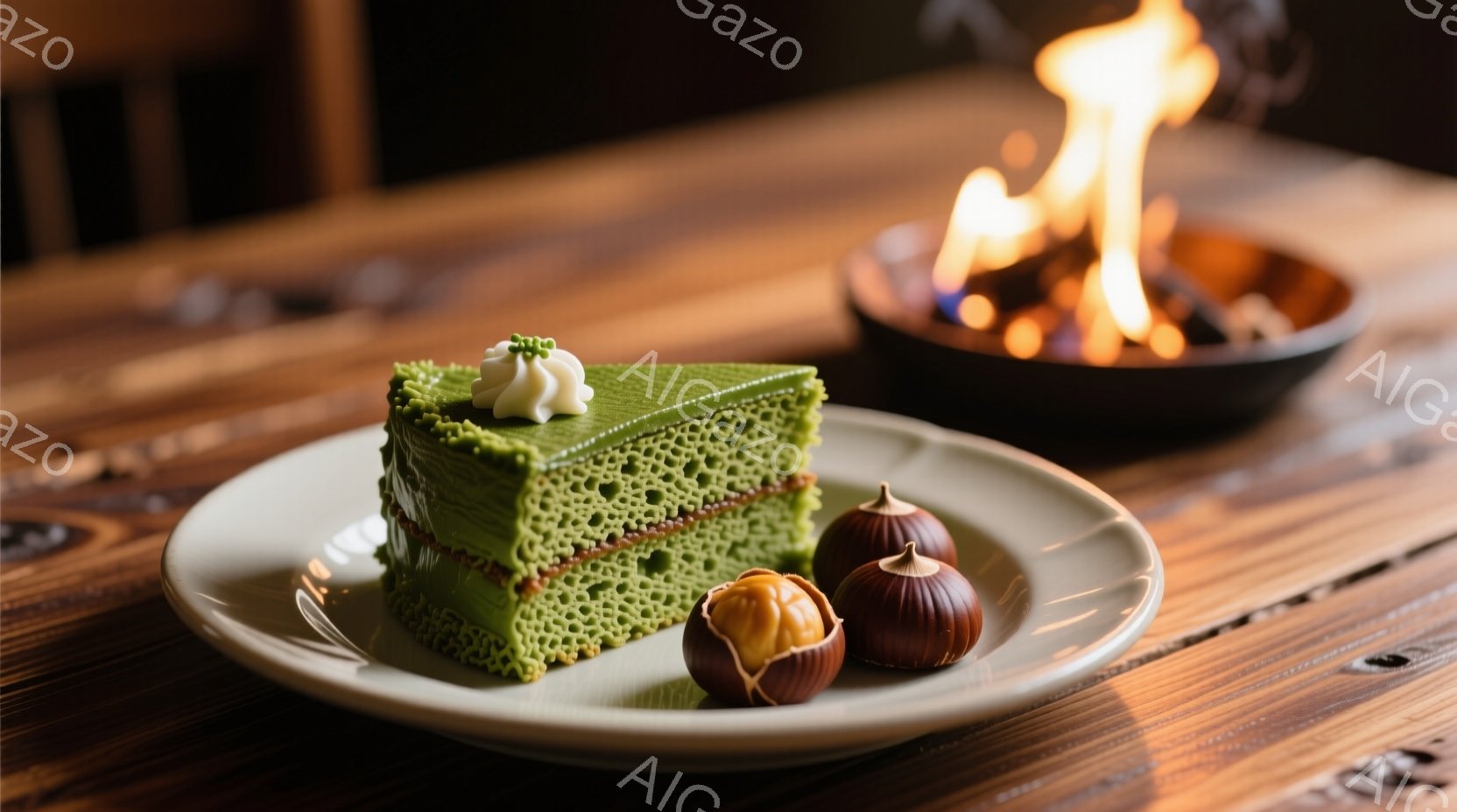 抹茶色のスポンジケーキのスライスが、白いお皿に飾られています。ケーキの隣には、殻をむいた栗が三つ並び、背景には暖炉の炎がぼんやりと見えます。木製のテーブルに置かれたケーキと栗は、温かく落ち着いた雰囲気を醸し出しています。