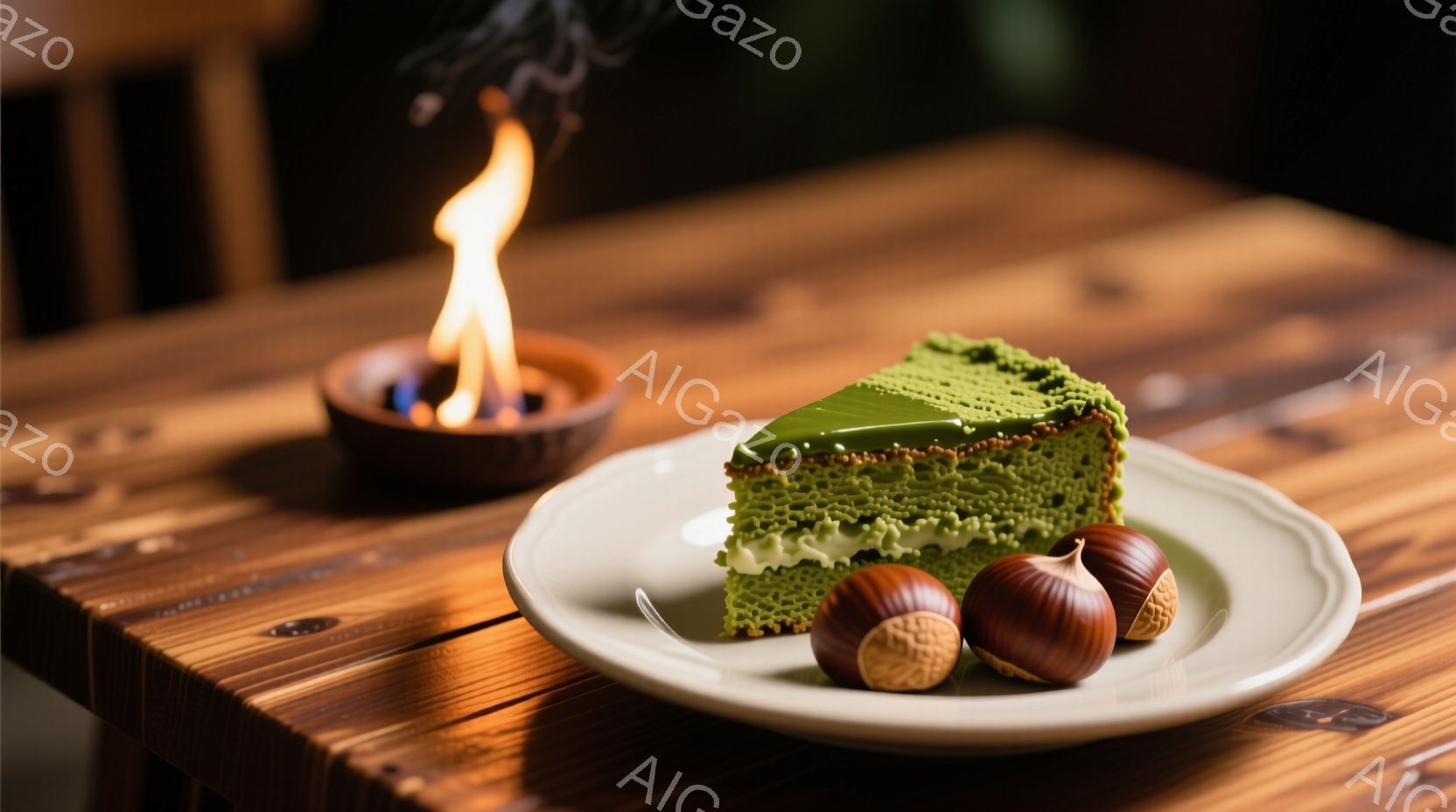 抹茶色のケーキのスライスが白い皿に載っており、隣には３つの栗が置かれている。背景は木製のテーブルで、奥にはぼやけた椅子と、小さな火を灯したと思われる容器が見える。全体的に暖かく、落ち着いた雰囲気で、秋の味覚を楽しむ場面を思わせる。