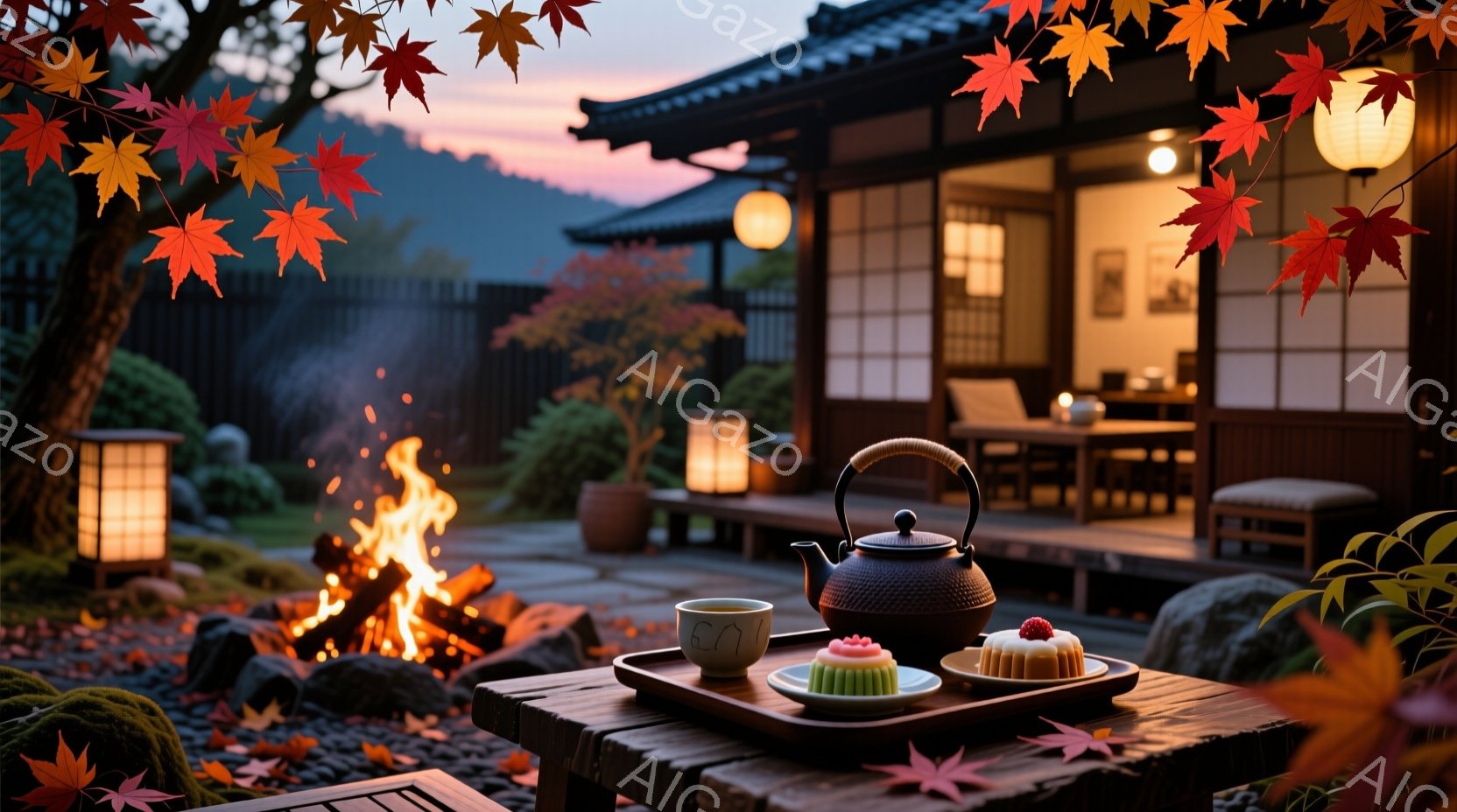 燃え盛る焚き火と紅葉に彩られた庭園に、簡素な木製のテーブルが置かれ、湯呑み、鉄瓶、そして可愛らしい和菓子が並べられている。背景には、柔らかい光に照らされた伝統的な木造建築があり、畳敷きの部屋を垣間見る - AI生成フリー素材