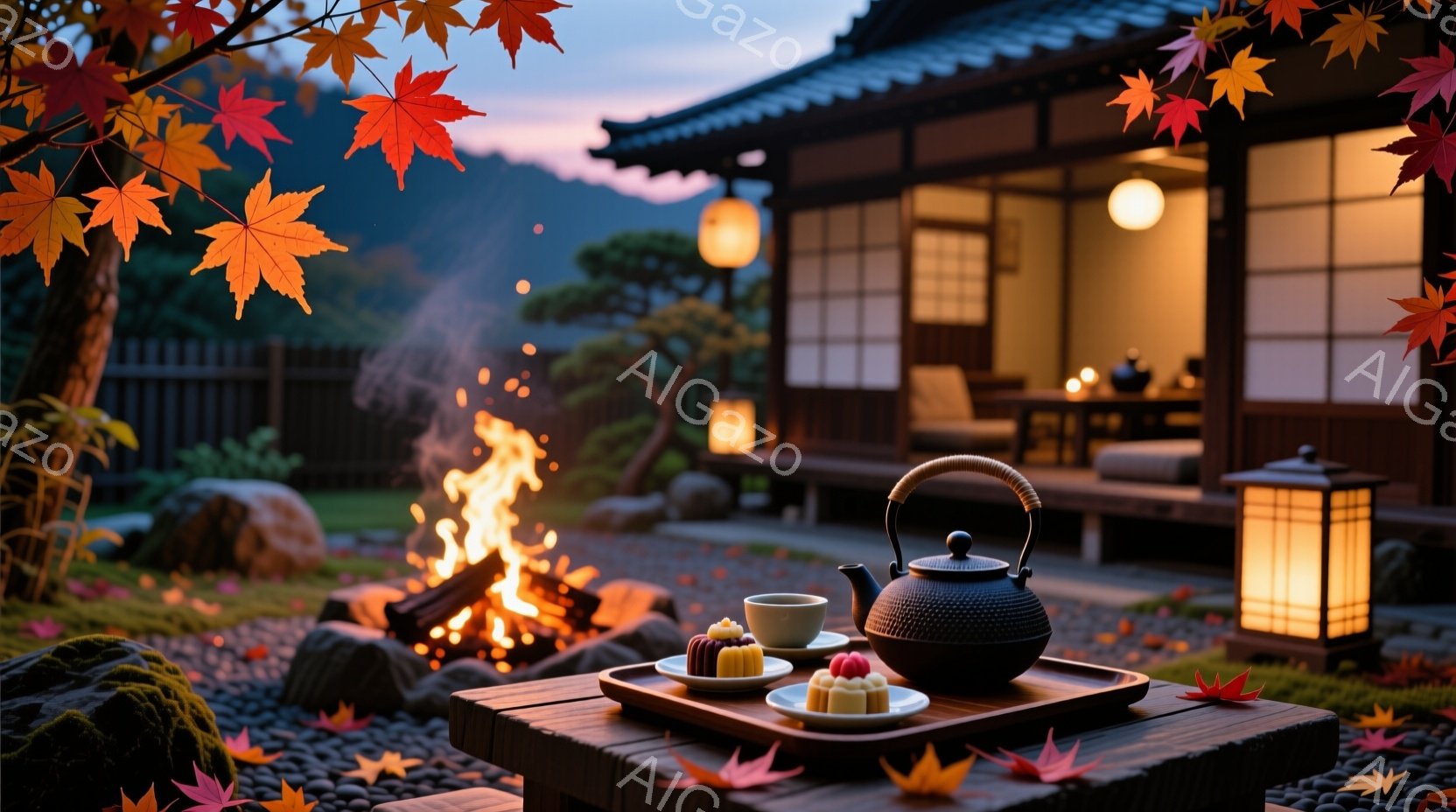 庭には、紅葉の葉が散りばめられ、小石が敷かれた道に沿って焚き火が燃え盛っています。木製の低いテーブルの上には、黒い鉄瓶、湯呑み、そして和菓子が並べられており、秋の静寂と温かさを感じさせます。背景には、提灯が灯る日本の伝統的な家屋が見え、穏やかで心地よい雰囲気を醸し出しています。