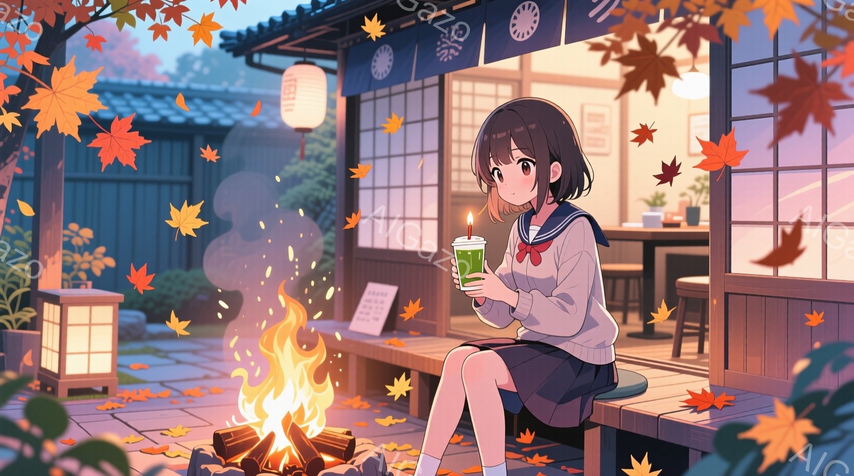 茶髪の少女は、学校のセーラー服を着て、暖かい飲み物を手にしながら、木製のベンチに座っています。背景には、落ち葉が舞い散る庭と、暖かく灯りのともる伝統的な日本の建物があり、秋の穏やかな夜の雰囲気が漂っています。焚き火の炎が少女を照らし、彼女の穏やかな表情と相まって、心地よい安らぎを感じさせます。