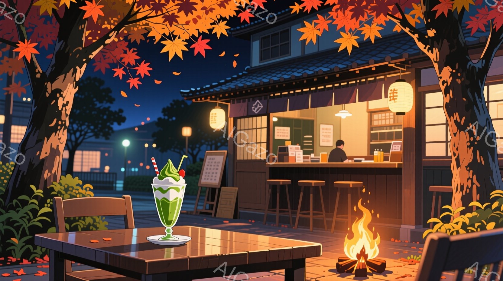 秋の夜のカフェのテラス席が描かれています。カウンターの中にいる男性は黒髪で、エプロンを着ており、何かに集中しているようです。背景には和風の建物と紅葉の木々が見え、暖かな光と落ち葉が秋の落ち着いた雰囲気を醸し出しています。