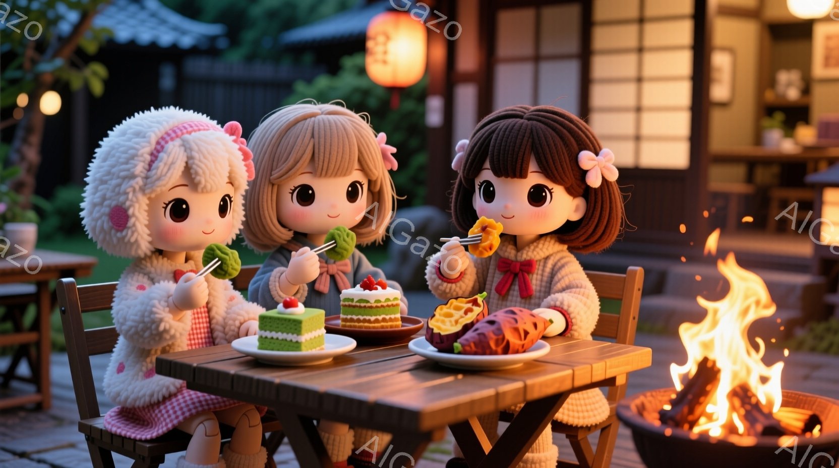 三人の女の子が、屋外のテーブルを囲んで食事を楽しんでいます。彼女たちはそれぞれ、ふわふわのヘアスタイルと可愛らしい服装で、緑色のマント、ピンクのリボン、そして灰色のセーターを着ています。背景には木造の建物と緑豊かな植物が見え、暖炉の火が灯り、温かく、心地よい雰囲気を醸し出しています。