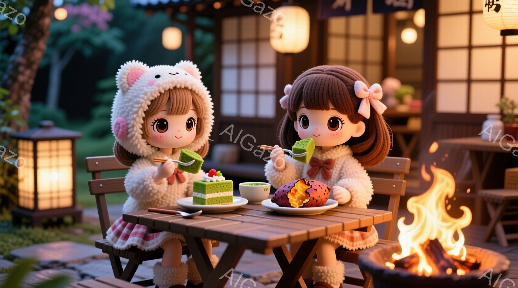 2人の少女が屋外のテーブルを挟んで向かい合って座り、それぞれ抹茶色のケーキと焼き芋を食べている。彼女たちはふわふわの白い帽子とクリーム色のコートを着ており、大きな瞳と可愛らしい表情をしている。背景には和風の建物、提灯、そして暖炉の火が見え、温かく幻想的な雰囲気が漂っている。