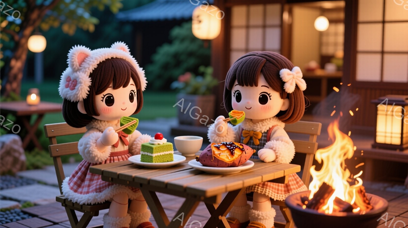 二人の女の子が庭のテーブルを囲んで食事をしています。彼女たちは赤いリボンと白いフリルが特徴の可愛らしいドレスを着ており、頭にはリボン付きの帽子をかぶっています。背景には暖炉の火、植物、そして和風の家が見え、穏やかで温かい雰囲気です。