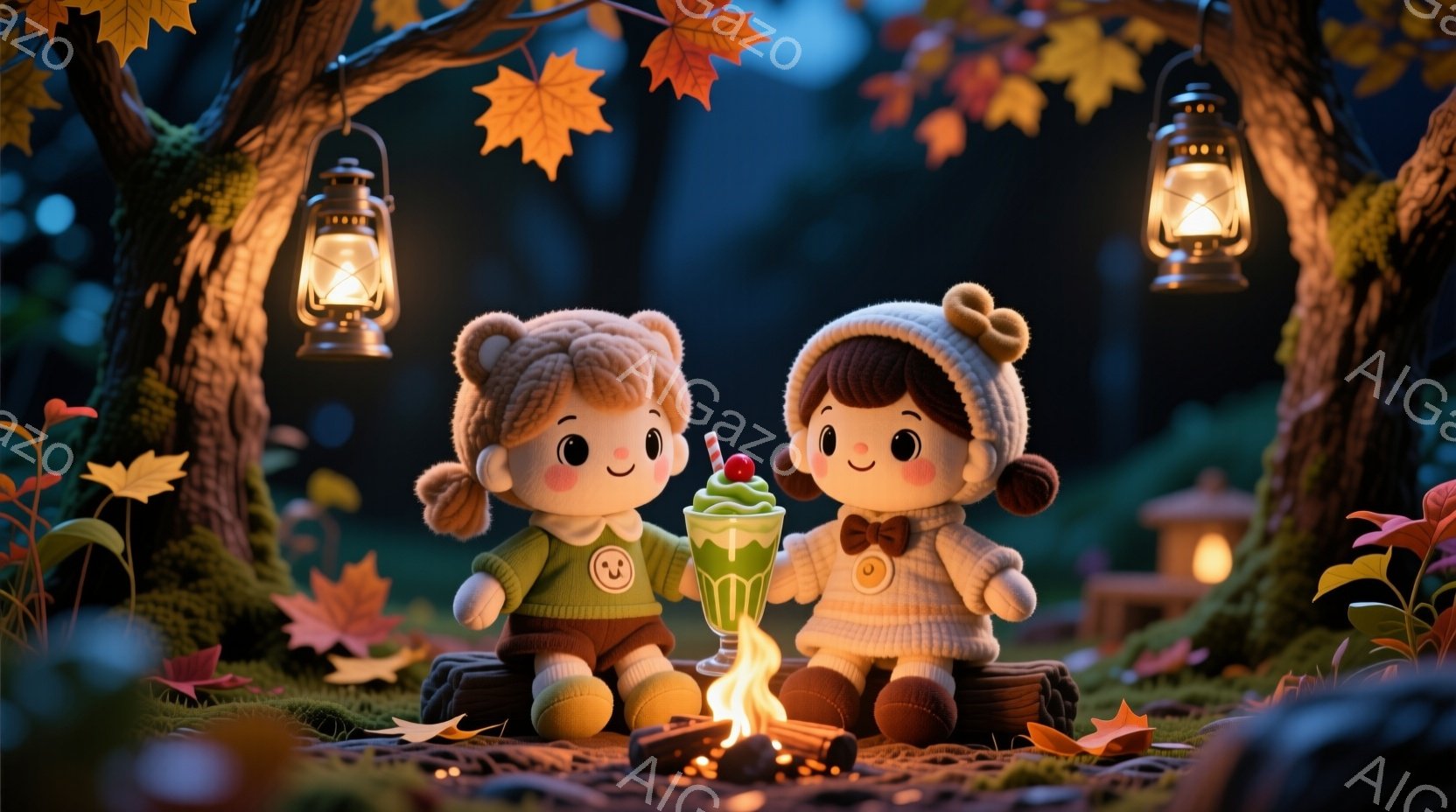 ふわふわとした質感の2人の少女が、丸太の上で寄り添って座っています。それぞれ緑色のセーターと茶色の帽子をかぶり、笑顔で緑色のスムージーを片手に持っています。背景には、秋の紅葉と暖かな光を放つランタンが配置され、焚き火の温かさと穏やかな雰囲気が漂っています。