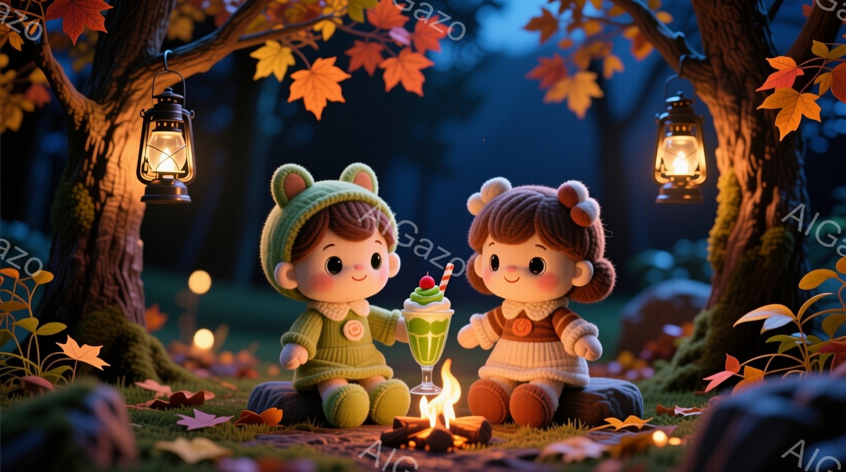 可愛らしい人形のような二人の子供が、小さな焚き火を囲んで座っています。彼らはそれぞれ緑と茶色のニットセーターを着ており、頭には動物の耳がついた帽子をかぶっています。背景には、秋の紅葉で彩られた木々が生い茂り、周囲には苔むした岩が点在し、暖かい光が灯されたランタンが雰囲気を盛り上げています。