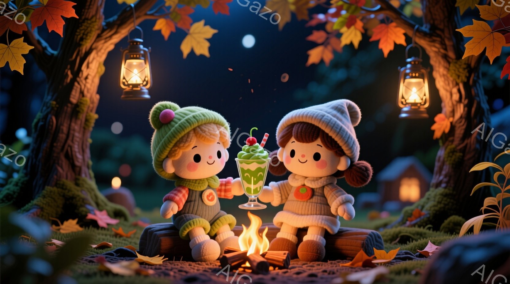 可愛らしい人形のような少年少女が、暖炉のそばに座って微笑んでいます。少年は緑色の帽子とセーターを着ており、少女は茶色の髪をツインテールにし、同様のセーターを着ています。背景には、落ち葉が舞う森と、薄暗い光を放つ建物が見え、穏やかで暖かい秋の夜の雰囲気が漂っています。