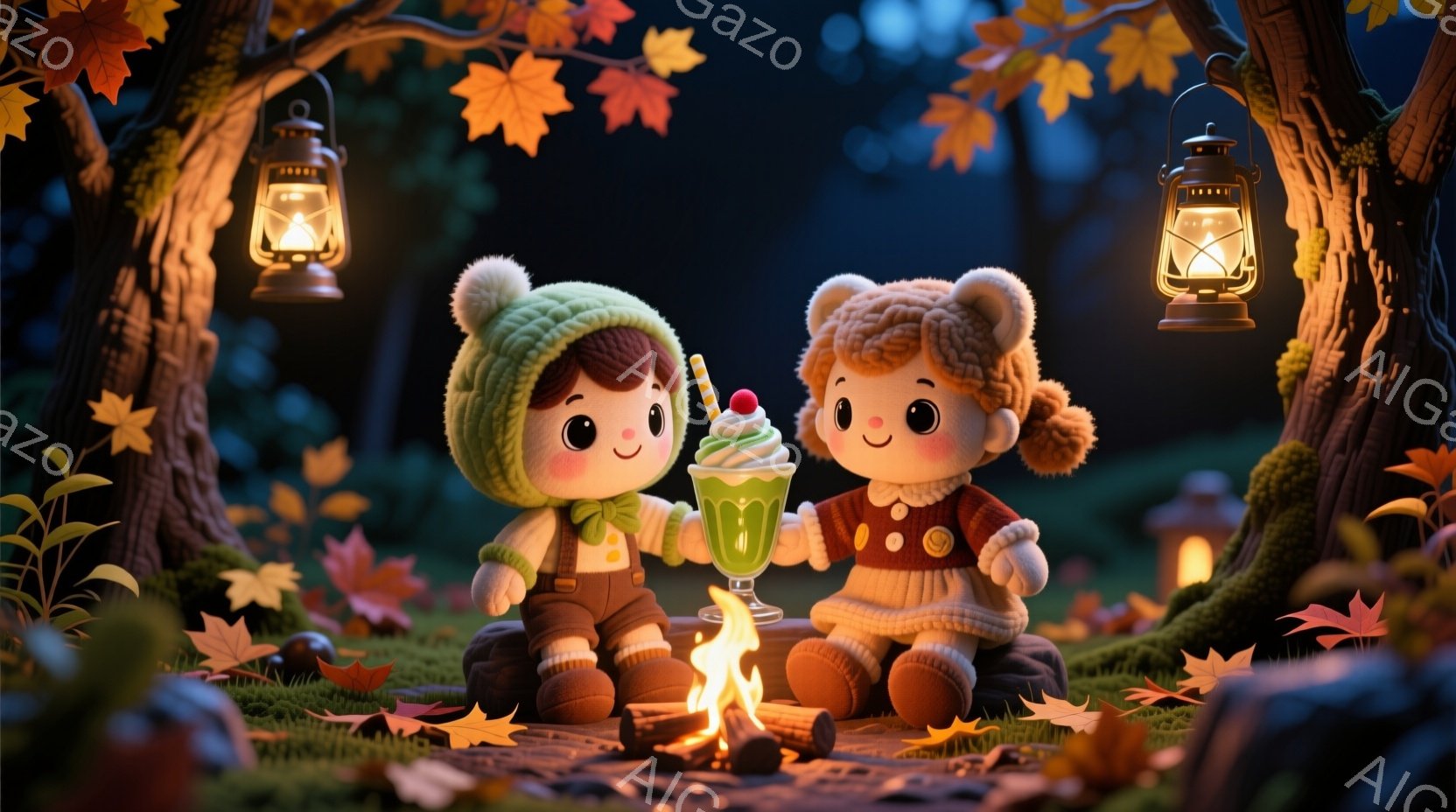 可愛らしい人形のような少年と少女が、暖炉の前に座って飲み物を楽しんでいます。少年は緑色の帽子をかぶり、オーバーオールを着ており、少女は赤いセーターと、ふっくらとした髪型をしています。背景には木々が生い茂り、落ち葉が散りばめられ、暖炉の灯りが幻想的な雰囲気を醸し出しています。