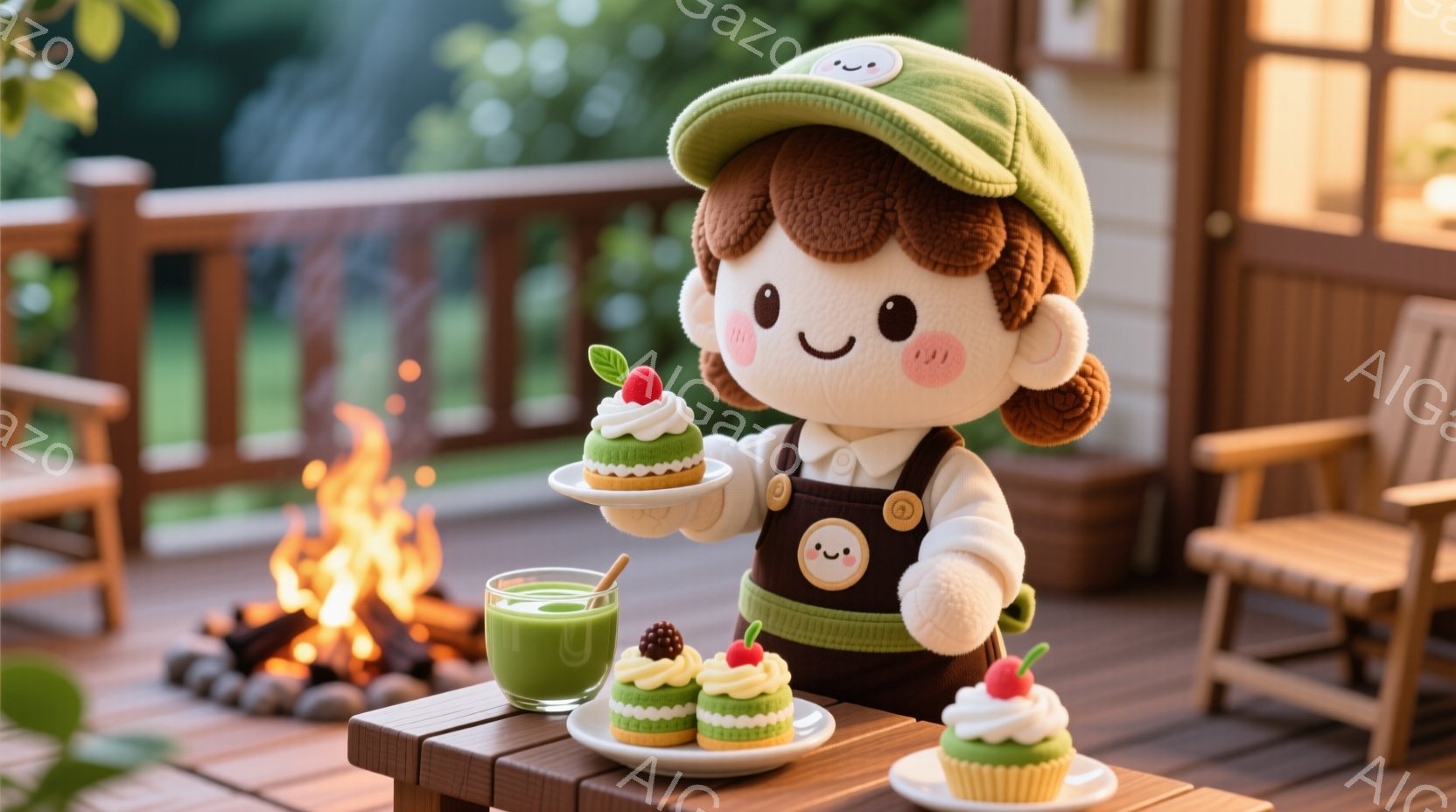 茶色い巻き毛のヘアスタイルに緑色の帽子をかぶった、可愛らしいキャラクターが描かれています。キャラクターは茶色の服を着ており、片手に緑色の飲み物、もう片手にケーキが乗ったお皿を持っています。背景には木製のデッキ、暖炉、そして自然の緑が広がり、温かく穏やかな雰囲気が漂っています。