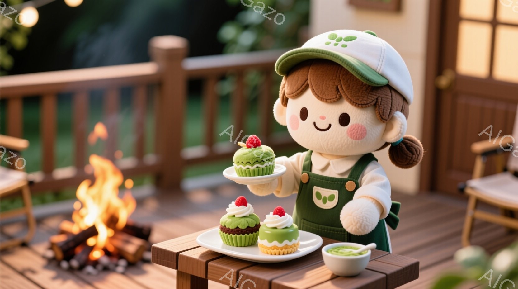 柔らかい茶色の髪をポニーテールにした女性が、緑色のエプロンと帽子を身につけています。彼女は白い皿に盛り付けられた抹茶色のケーキを手に持ち、笑顔で提示しています。背景には暖炉が燃え盛り、木製のデッキと緑豊かな自然が広がっており、温かく穏やかな雰囲気です。