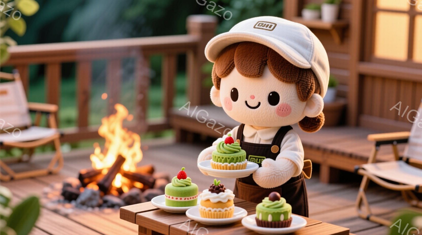 明るい木製のデッキに、緑色のエプロンと帽子をかぶった可愛らしい人形が立っている。人形は嬉しそうな表情で、手に緑色のクリームと赤いイチゴの乗った3つの小さなケーキを乗せたお皿を持っている。背景には暖炉があり、緑豊かな自然に囲まれた木製の建物が見え、穏やかで温かい雰囲気が漂っている。