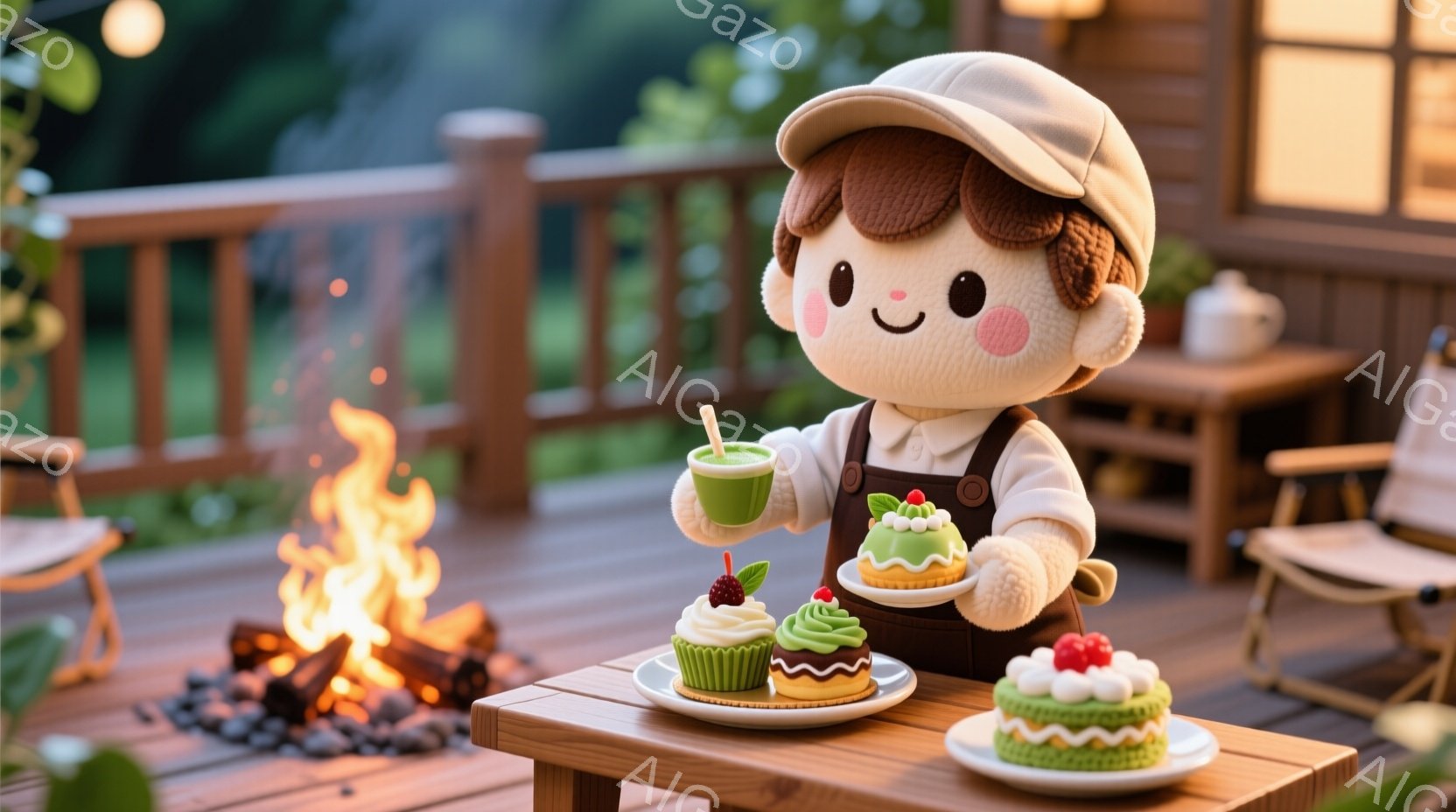 ふわふわした質感のキャラクターが、緑色のベレー帽とエプロン姿で描かれています。彼は片手に緑色の飲み物、もう片手に緑色のケーキの皿を持ち、微笑んでいます。背景には木製のデッキ、暖炉、そして緑豊かな自然が広がり、温かく穏やかな雰囲気です。