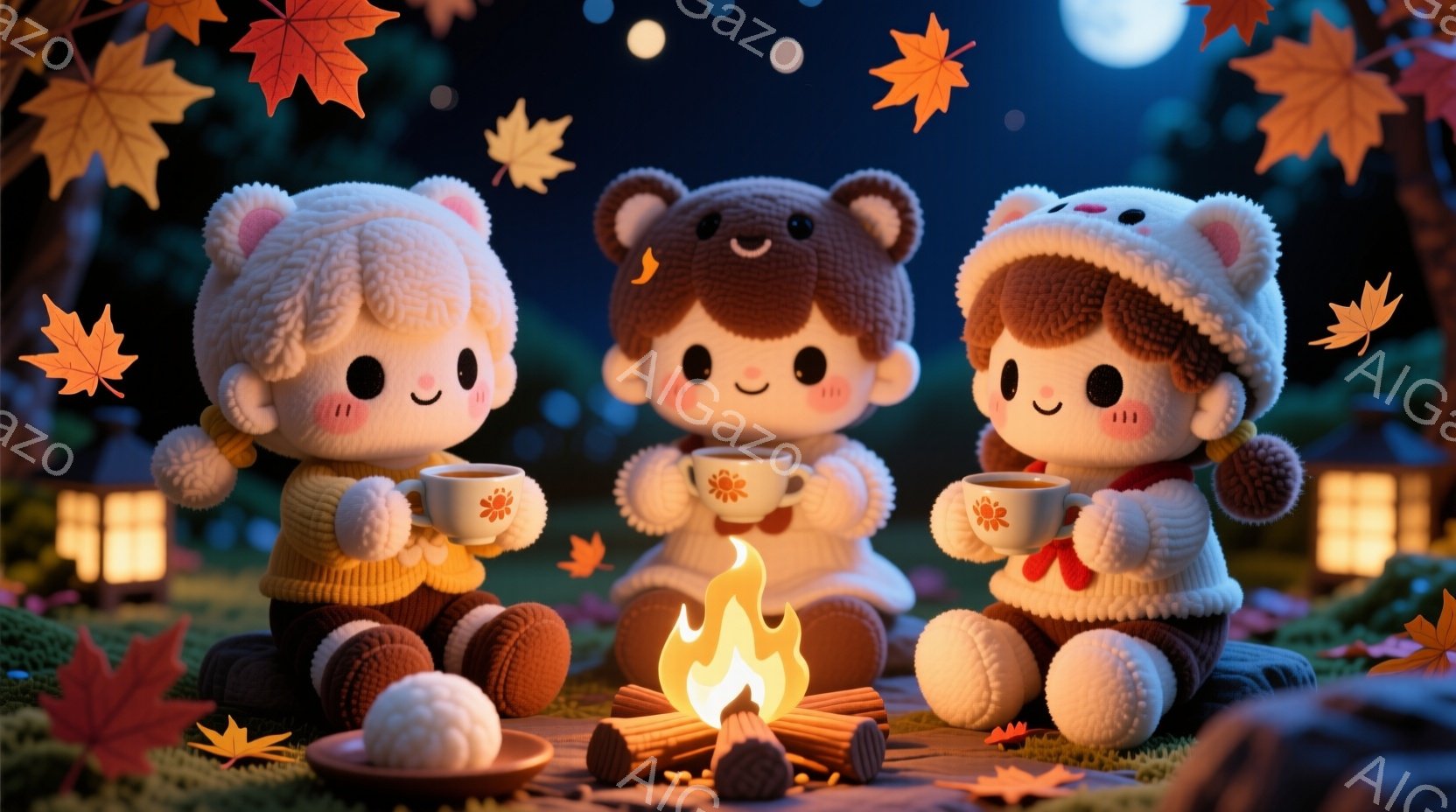 三つの可愛い人形が、暖炉の周りに座って温かい飲み物を楽しんでいます。人形たちはそれぞれ異なる髪の色と、クマの耳のような帽子をかぶっており、頬を赤らめて微笑んでいます。背景には、オレンジ色の落ち葉が舞い、遠くには建物とぼんやりとした月が見え、秋の夜の温かく心地よい雰囲気が漂っています。