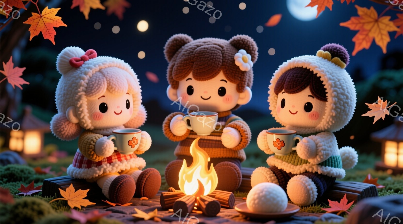 ふわふわとした毛糸で作られたような３人の子供たちが、丸太の椅子に座って温かい飲み物を楽しんでいます。彼らは皆、ポンポン付きの帽子をかぶり、暖炉の火を囲んでリラックスした表情を浮かべています。背景には落ち葉が舞い散り、遠くにはぼんやりとした光が灯る、秋の夜の暖かく穏やかな雰囲気を感じさせます。