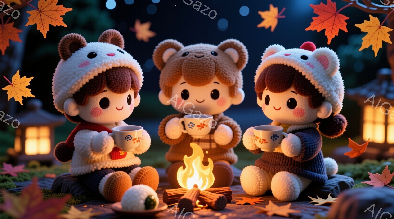 三人の可愛らしい少女が、暖炉の周りに座って温かい飲み物を楽しんでいます。彼女たちは皆、クマの耳がついた帽子と、ケーブルニットのセーターを着ており、顔には微笑みが浮かんでいます。背景には、ライトアップされた建物や紅葉した木々が見え、秋の夜の温かく居心地の良い雰囲気を醸し出しています。